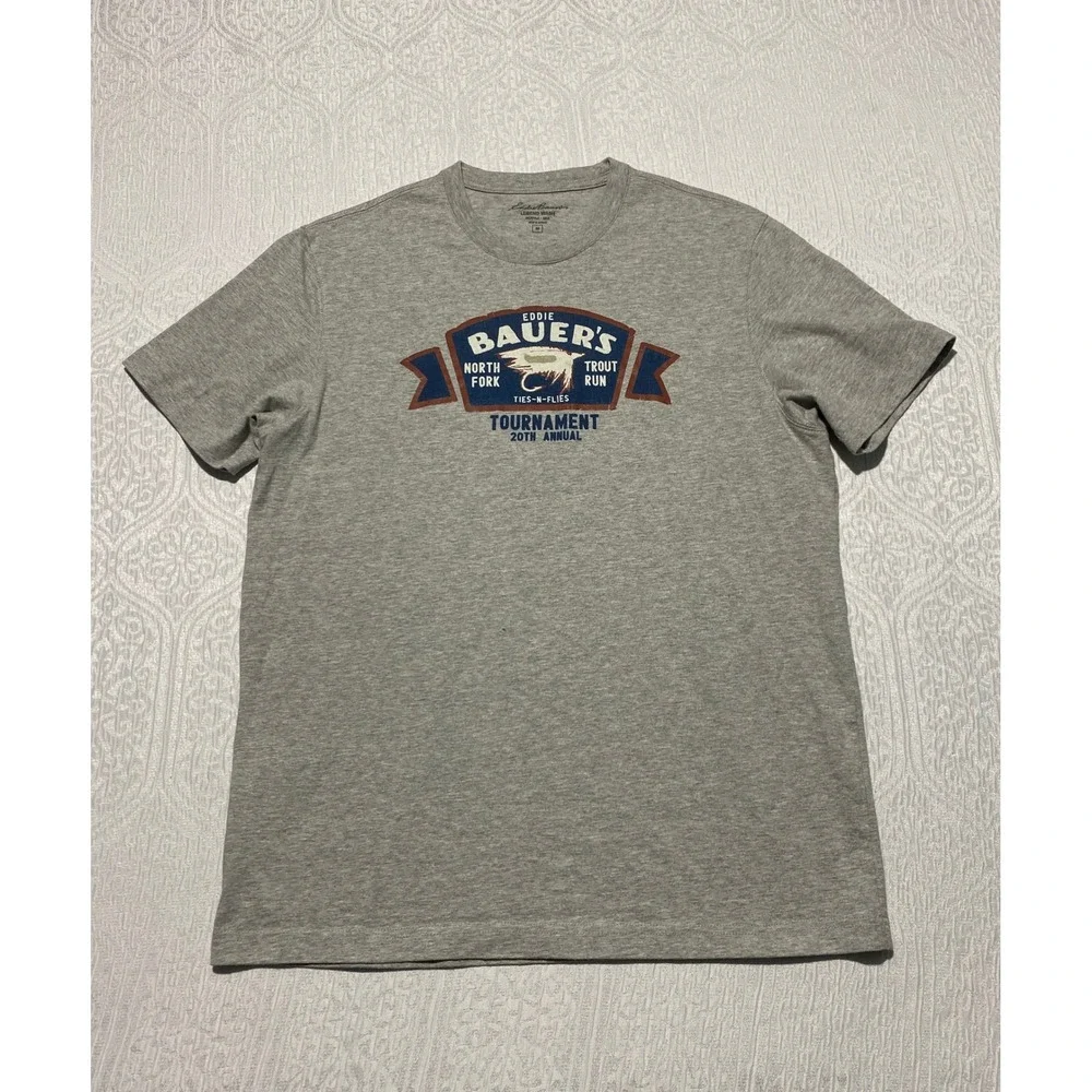 Eddie Bauer Mens M Legend Wash Graphic T-Shirt Gray North Fork Trout Run Fishing